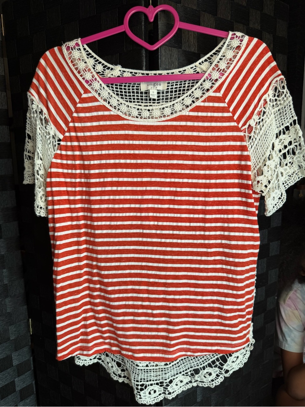 Umgee orange-Red & White Striped Crochet-Trim Women’s Top